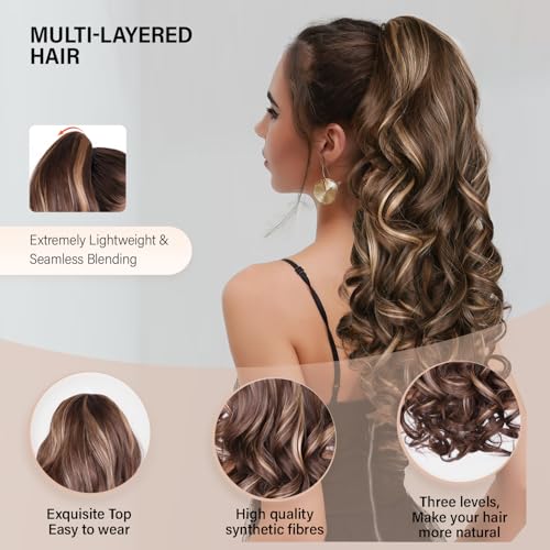 24 Inch Ponytail Extension, Clip on Ponytails for Women, Long Curly Wavy Ponytail Extensions for Women, Synthetic Layered Pony Tails Hair Extensions (Color: Chestnut Brown With Golden Highlights)