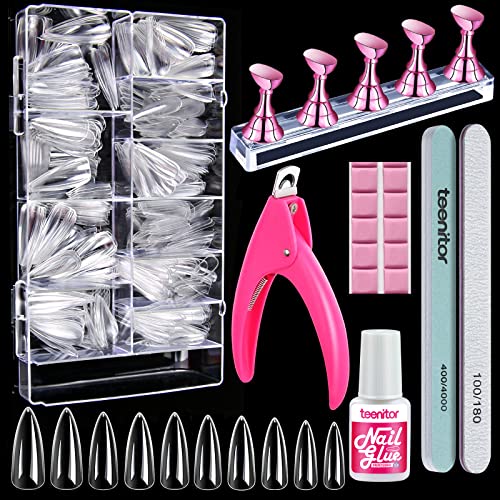 Teenitor Clear Stiletto Nail Tips Full Cover, Long Stiletto Nails Tips For Acrylic Nails, 600 Pcs Almond Stiletto Shape Fake Nails Tips With Glue, Acrylic Nail Clipper, Nail Stand Clear Glue On Nails