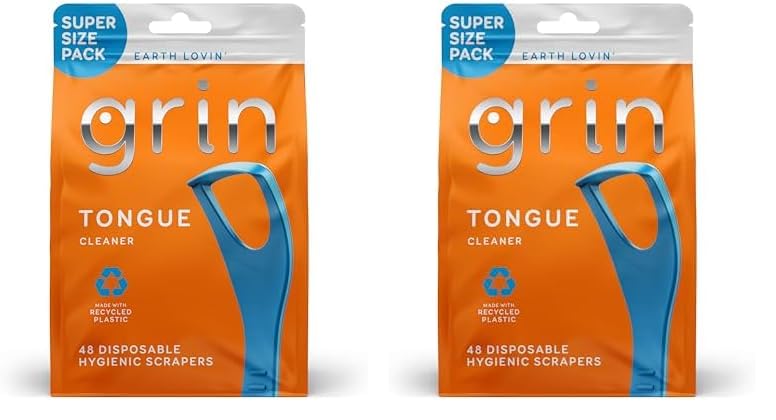 GRIN Tongue Cleaner, 48 Count, Disposable Tongue Cleaner, Hygienic Scraper, Recycled Plastic, Clean Tongue, Promote Fresh Breath, Includes Safe Fold- Back Tooth Pick (Pack of 2)
