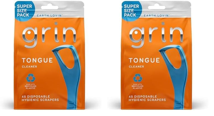 GRIN Tongue Cleaner, 48 Count, Disposable Tongue Cleaner, Hygienic Scraper, Recycled Plastic, Clean Tongue, Promote Fresh Breath, Includes Safe Fold- Back Tooth Pick (Pack of 2)