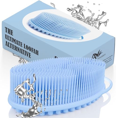 Avilana Silicone Body Scrubber – Silver-Infused Gentle Shower Brush & Loofah Alternative – Fast-Drying, BPA-Free Silicone Body Exfoliator for Sensitive Skin – for Men & Women (Blue, Massage)