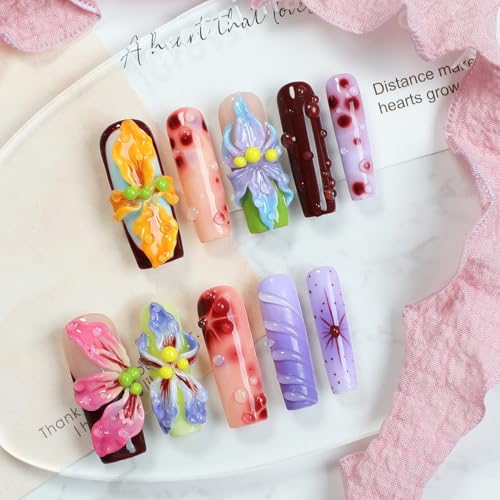 Flower Press on Nails Handmade Long Coffin Muti-Layer Gel Fake Nails Gradient Floral 3D Waterdrop Pattern Design Spring Summer Multicolor Thick False Nails French Tip Acrylic Nails for Women (Size S)