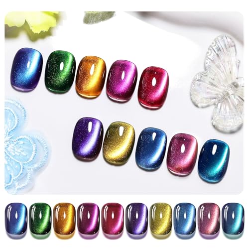 JODSONE Cat Eye Gel Nail Polish 10 Colors (with Base Coat Top Coat Magnet Stick) Glazed Amber Cat Eye Gel for Home DIY
