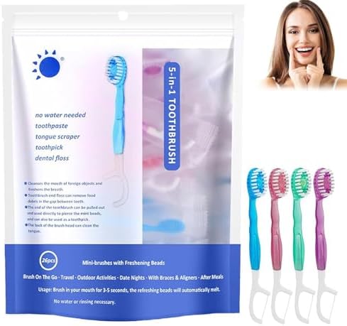 5 in 1 Mini Brush, Toothpaste and Floss, 26 Packs Disposable Toothbrushes with Toothpaste, Mini Toothbrushes Individually Wrapped Box, Oral Care On The Go Prepasted Travel Toothbrush