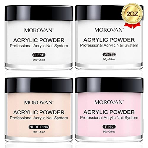 Morovan Acrylic Nail Powder Set: 4 Colors Clear Nude Pink White Acrylic Powder for Nail Extension Carving