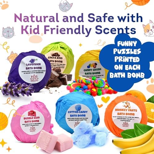 Made in USA 6 Bath Bombs for Kids Set with Cat Toys Surprise Inside for Kids - Surprise Cute Cats Inside Each Fizzy Bath Ball - Natural and Safe for Girls, Boys, Teens - Perfect for Gift - Handmade