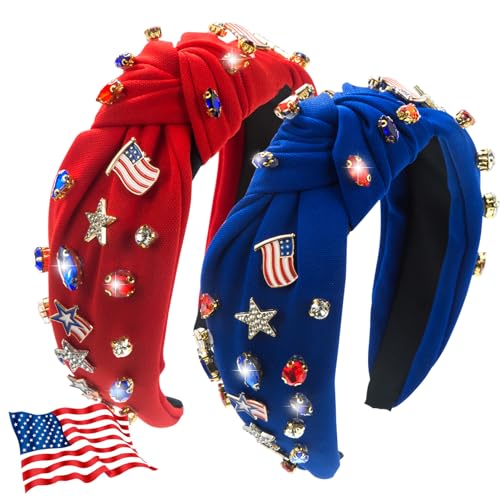 2Pcs 4th of July Headband for Women, Rhinestone Knotted Design with USA Flag Star Hair Hoop, Patriotic Independence Day Memorial Day Wide Hair Accessory with Jeweled Crystal (Red&Blue)