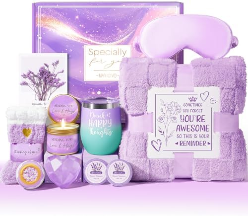 Birthday Gifts for Women, Self Care Gifts Get Well Soon Gifts Basket for Women Lavender Relaxing Spa Gifts Care Package w/ Blanket Unique Mothers Day Gifts for Mom Her Wife Girlfriend Friend Sister