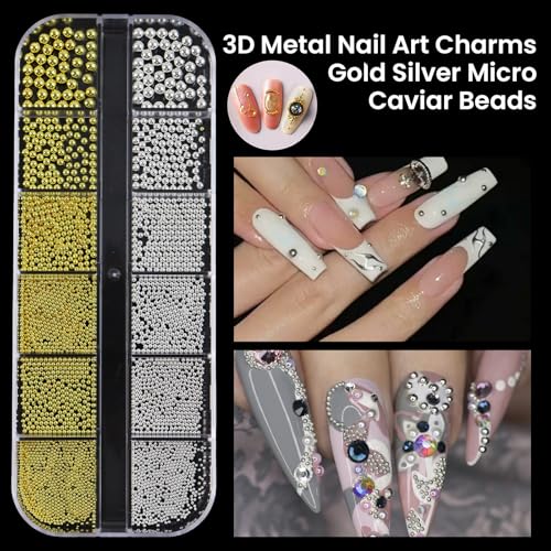 6 Boxs of Nail Charms Rhinestones Kit with 30 Sheets of Nail Art Gold Stickers Gold Sliver Nail Beads Pearls Gems with 1 Heart Nail Embossed Molds, 1 Tweezers and 1 Wax Pen for Nail Supplies