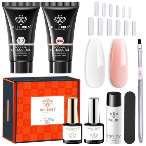 Modelones Poly Nail Gel Kit 30ml 2PCS with Slip Solution Top Base Coat Extension Builder Enhancement Professional Starter Kit DIY Salon Use