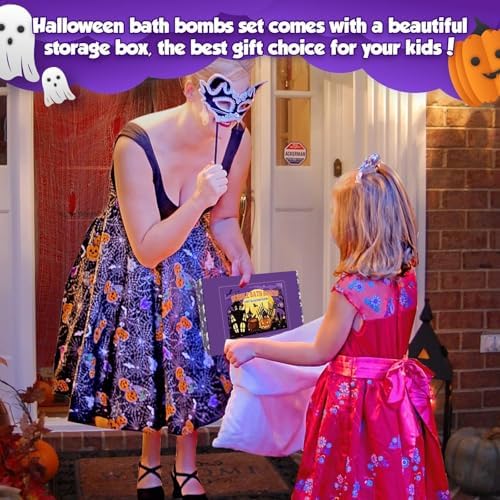 24pcs Halloween Bath Bombs with Toys Inside for Kids Pumpkin Bubble Bath Bombs for Halloween Treats Party Favors with 12pcs Treat Bags