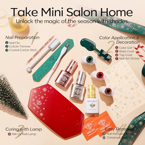 Modelones Gel Nail Polish Kit with U V Light, Green Red Gold Cat Eye Manicure Set with Base Top Coat Stickers 4 Colors Magnetic Gel Mini Salon DIY Nail Art Starter Holiday Gift for Women Girls