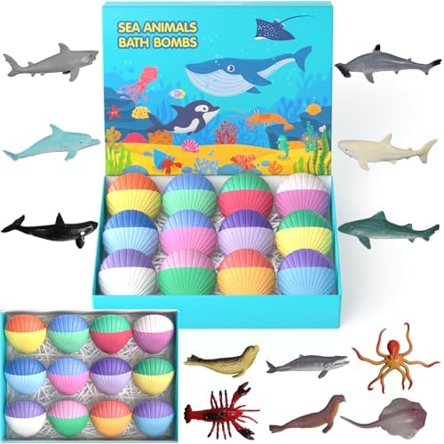 Kids Bath Bombs with Surprise Toys Inside, 12 Pack Shell Organic Bath Bombs for Kids with Ocean Sea Animals for Girls Boys Toddlers, Marine Shark Bath Bomb Gift for Easter Birthday Bubble Bath