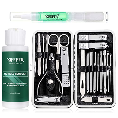 Manicure Set - Cuticle Remover Cream, 19Pcs Nail Clipper Pedicure Kit, Professional Grooming Kit with Black Luxurious Travel Case, Stainless Steel Nail Kit for Men Women, Gifts for Women