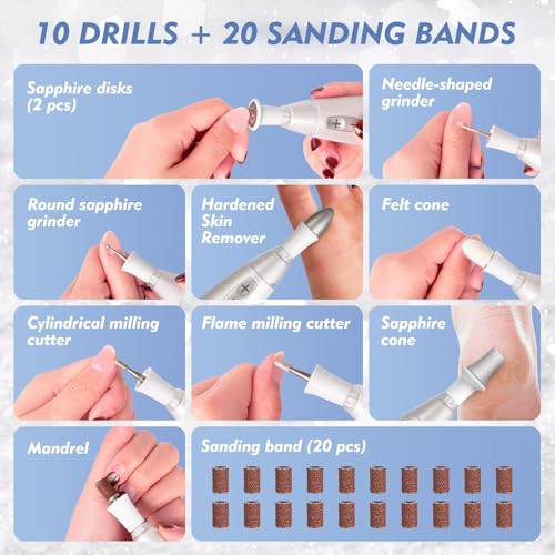 BEAUTURAL Electric Nail Drill, Professional Electric Nail File Machine with10 Attachments & 20 Sanding Bands, Low Noise Vibration for Home Nail Art Manicure Pedicure [Not Rechargeable and Cordless]