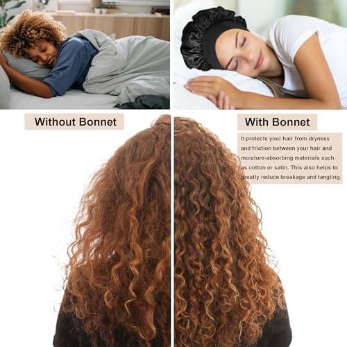 12 Pieces Silk Bonnet for Women Curly Hair Satin Bonnet Hair Wrap for Sleeping Cap with Tie Band (Black)