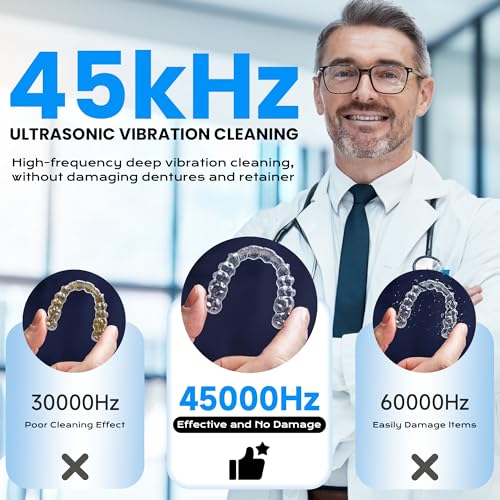 45kHz Ultrasonic Retainer Cleaner, 200ML Dental Cleaning Pod for Dentures, Mouth Guards, Braces, Aligner, Toothbrush Jewelry and More, UV Denture Cleaner with 4 Modes & Digital Timer