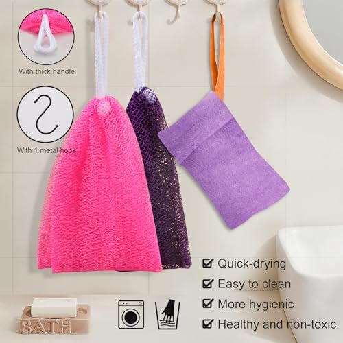African Net Sponge Authentic with Knots, African Scrub Bath Net, 2 Pieces Exfoliating Body Back Scrubber for Shower, Gentle Exfoliating Washcloth, with 1 Soap Bag (Purple & Green)