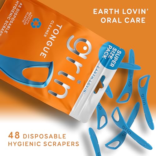 GRIN Tongue Cleaner, 48 Count, Disposable Tongue Cleaner, Hygienic Scraper, Recycled Plastic, Clean Tongue, Promote Fresh Breath, Includes Safe Fold- Back Tooth Pick (Pack of 2)