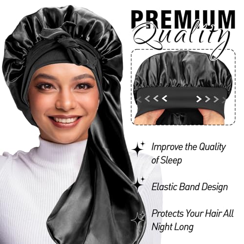 3Pcs Bonnets for Black Women Braid Bonnet, Large Long Satin Bonnet for Braids Sleeping, Black Women Satin Silk Bonnet (3Pcs-Black&Blue&Flower)