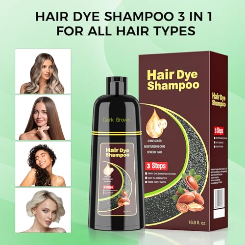 Dark Brown Hair Dye Shampoo for Woman & Man, Argan Hair Color Shampoo 3 in 1, Semi-Permanent Gray Hair Coverage, Mild Formula, Lasts 30 Days(16.90 oz)