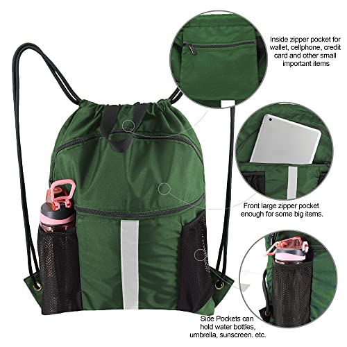 BeeGreen Dark Green Drawstring Backpack with Shoe Compartment X-Large Gym Sports String Cinch Backpack Athletic Sackpack with Front Inside Zipper Pockets