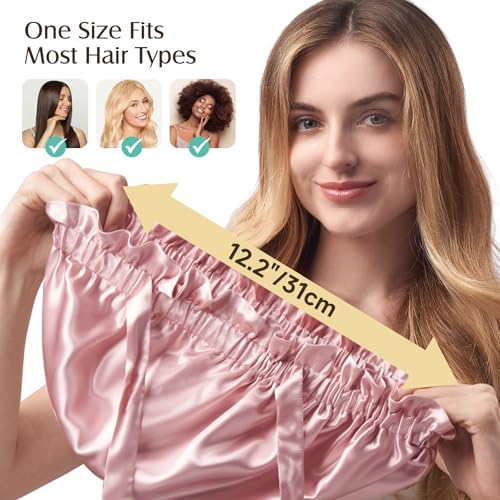 YFONG Double Layered 100% Mulberry Silk Bonnet for Sleeping Women, Large 22MM Luxury Silk Sleep Cap with Elastic Band & Tie, Natural Night Hair Wrap for Hair Care Short Long Curly Hair, Pink