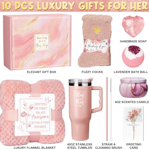 Mother's Day Gifts for Mom - Birthday Gifts for Women Get Well Soon Gifts Self Care Gifts Rose Relaxing Spa Gift Basket Care Package w/ Flannel Blanket 40 OZ Tumbler for Wife Grandma Friend Sister Her