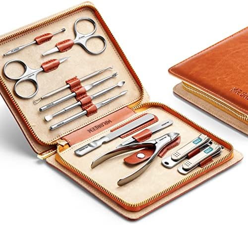 MR.GREEN Manicure Set 12 in 1 Full Function Nail Clippers Personal Care Tool Kits Stainless Steel Pedicure Sets with Leather Case Idea Gift (12Pcs Set) Brown