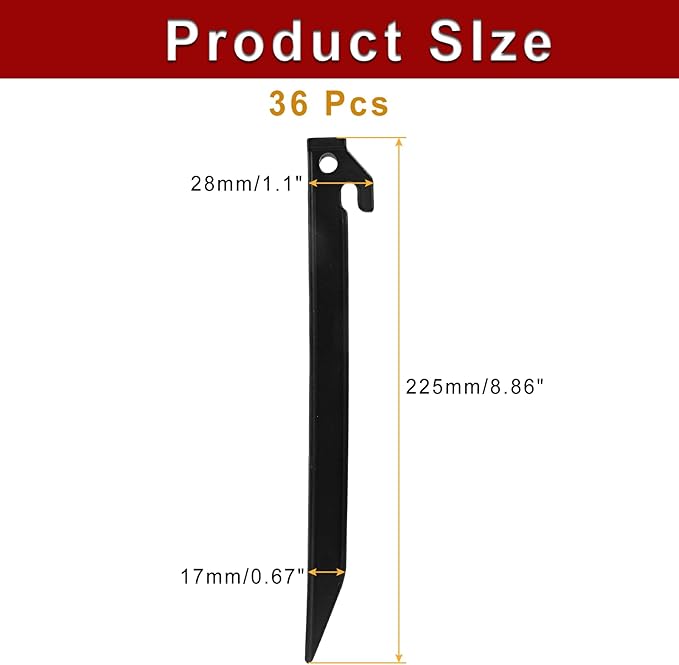 36 Pcs Plastic Tent Stakes, 9 Inch Heavy Duty Plastic Camping Stakes Tent Pegs for Sand, Beach, Woods, Black