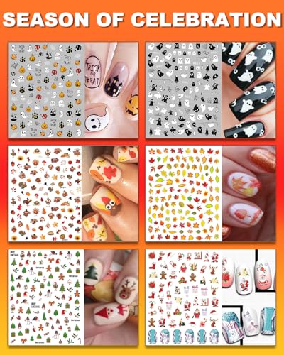 winthrop 36 Sheets All Holiday Nail Art Stickers, Mixed Season Nail Decals Set for All Year, Spring Summer 3D Self-Adhesive Colorful Pegatinas Uñas Daisy Butterfly 4th of July Halloween Christmas