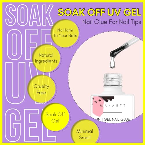 Makartt Nail Glue for Acrylic Nails UV Gel Curing Needed 3 in 1 Super Strong Brush on Nails Glue for Press on Nails Soak Off for Gel Nail Tips Nail Adhesive Bond Nail Base Coat Slip Solution 15ML 2pcs