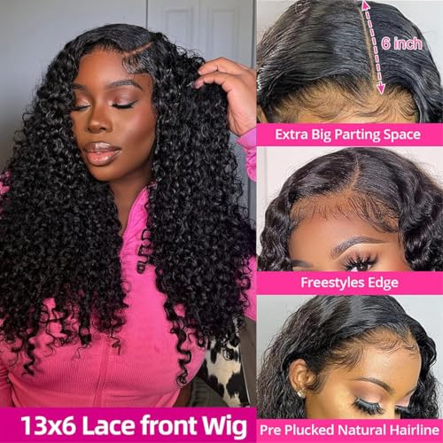 13x6 Lace Front Wigs Human Hair Burmese Curly Wig for Black Women 250 Density Water Wave Pre Plucked Transparent Lace Frontal 100% Human Hair Wigs with Spiral End Natural Color 24inch