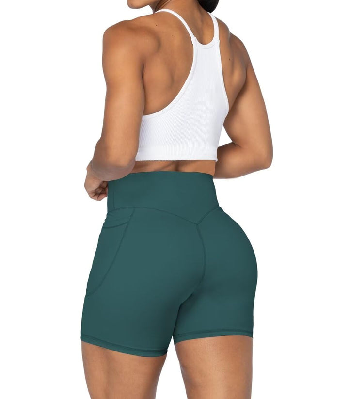 Sunzel Women's Biker Shorts in High Waist Tummy Control with Deep Pockets 5" Inseam Forest Green X-Small