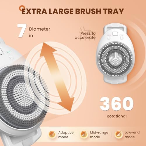7'' Large Shower Back Scrubber Wall Mounted, 3 Speed Adjustment Electric Body Scrubber for Shower with 4 Replaceable Heads, 360 Degree Automatic Rota Tion Electric Shower Brush