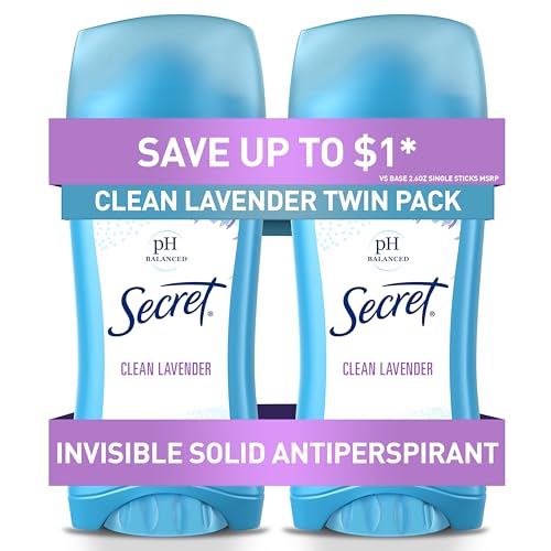 Secret Antiperspirant and Deodorant for Women, 24hr Sweat & Odor Protection, PH Balanced Protection, Gentle on Skin, Invisible Solid, Clean Lavender Scent, 2.6 oz (Pack of 2)