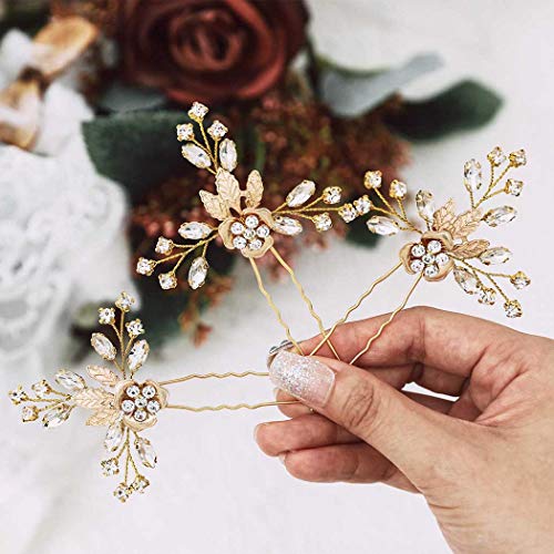Jeweky Bride Wedding Crystal Hair Pins Clips Bridal Hair Pieces Flowers Hair Accessories Jewelry for Women and Girls (Pack of 3) (Gold)