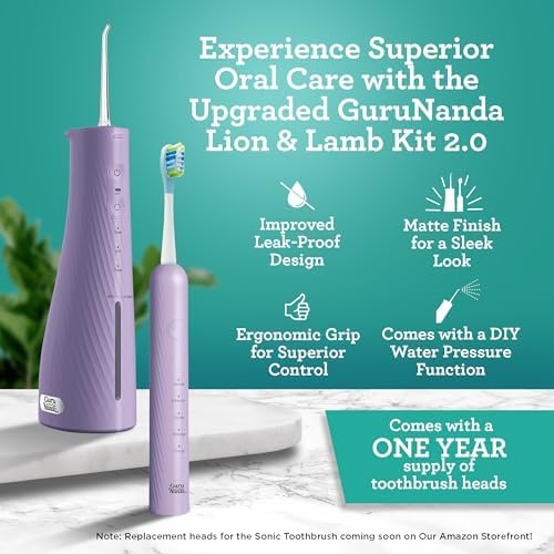 GuruNanda Lion & Lamb Kit 2.0, Electric Toothbrush with Water Flosser Combo, 4 Jet Tips, 4 Brush Heads, & IPX7 Waterproof Design for Complete Oral Care, Lavender