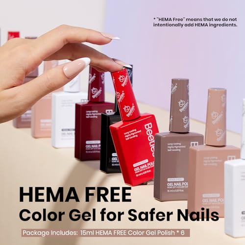 Beetles Gel Nail Polish Set, 6 Colors Hema-Free Soft Classics Black White Red Nude Polish Kit 15ML Full Size Soak off Uv Led Lamp Nail Art Salon Colorful Bottle Manicure Gift for Women