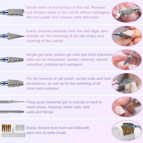 6 Pack Nail Drill Bits for Acrylic Nails, 3/32" Shank Drill Bits for Nails Professional Electric Cuticle Drill Bit, Cuticle Cleaner Nail Gel Polish Remover Tool for Home Salon Nail Bits-Blue