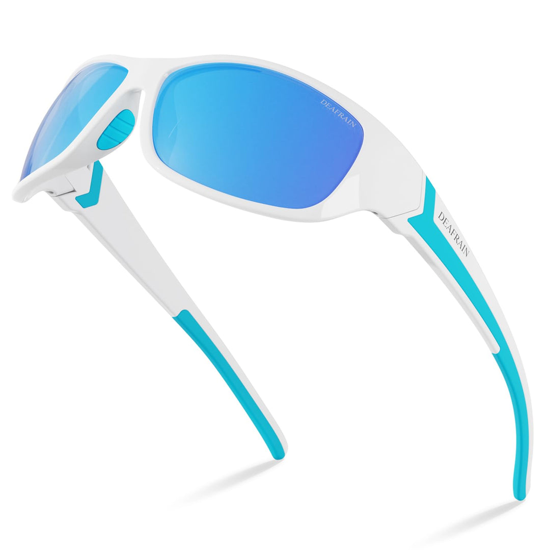 DEAFRAIN Polarized Sports Sunglasses for Men Women Fishing Driving Cycling Running Baseball Golf White Blue Glasses UV Protection