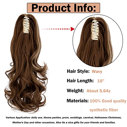 Claw Clip Ponytail Extension 18" Clip in Wavy Ponytail Hair Extensions Long Pony Tails for Women Extensions Ash Blonde Mix Light Brown Wave Hairpiece