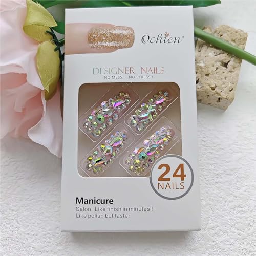 Luxurious 3D Crystal Press on Nails Long Coffin False Nails with Nail Glue Fake Nails With Rhinestones Designs Salon DIY Manicure Reusable Fake Acrylic Diamonds Nail Art Tips Gifts for Women 24Pcs
