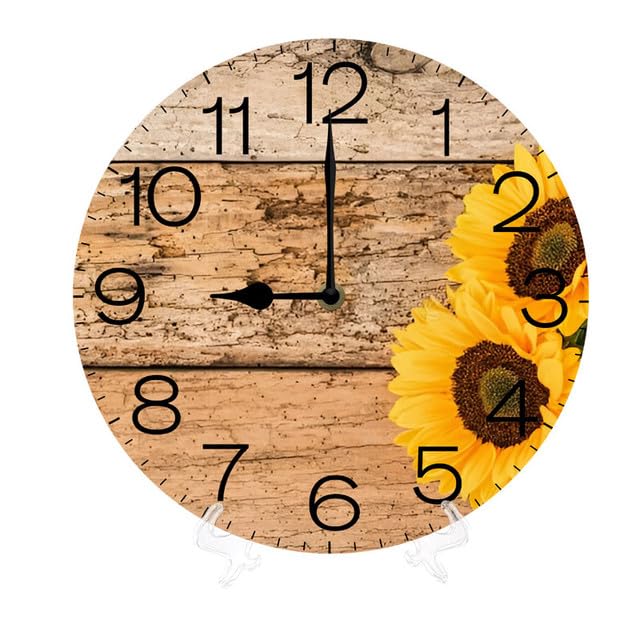 Geroclonup Sunflower Wooden Silent Non Ticking Clock 25cm, Round Wall Clock,Decorative for Living Room, Kitchen, Home,Bathroom, Bedroom, Office or School, Decor on Wood