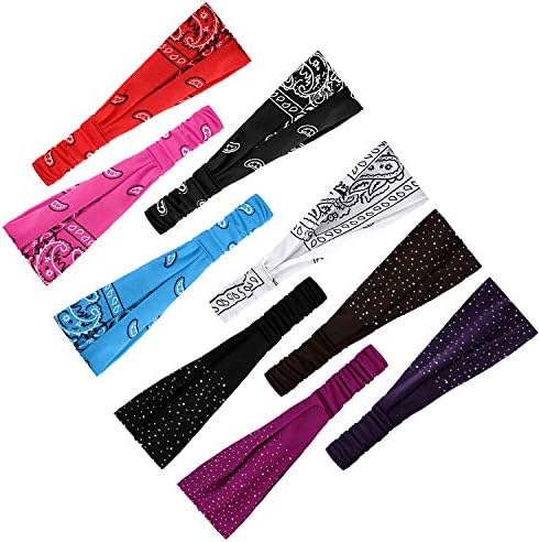 WILLBOND 10 Pcs Wide Bandana Headbands for Women Non Slip Paisley Crystal Hairband Elastic Boho Bling Rhinestone Head Wrap Stretchy Turban Bandana Hair Accessories for Sports Yoga Gym Workout