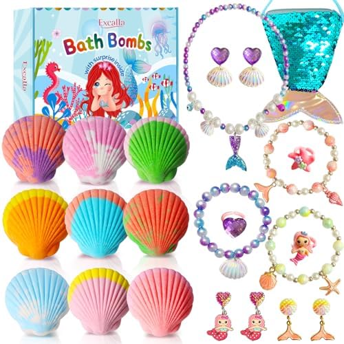Mermaid Bath Bombs for Girls Kids with Toys Inside, 9 Pcs Natural Handmade Shell Bubble Bath Bomb Kit for Girls with Jewelry Surprise, Pefect for Christmas Easter Birthday Gift Princess Party Favor
