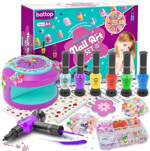 BATTOP Kids Nail Art Kit for Girls Ages 7-12 with Nail Dryer & 2 in 1 Water Based Nail Polish Pen & 3D Decoration & Sticker and Nail Flier - Idea Birthday Gifts for Girls 7 8 9 10 11 12