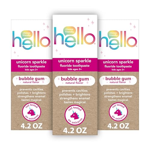 hello Unicorn Sparkle Kids Fluoride Toothpaste, Natural Bubble Gum Flavor, ADA Approved, Ages 2+, No Artificial Sweeteners, No SLS, Gluten Free, Vegan, Pack of 3, 4.2 oz Tubes