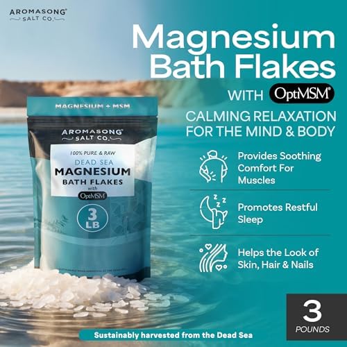Aromasong RAW Magnesium Flakes + OptiMSM for Soaking 3 LB Resealable Pack - Muscle Relaxing Organic Bath Salts Magnesium Chloride Flakes, Mineral Soak.