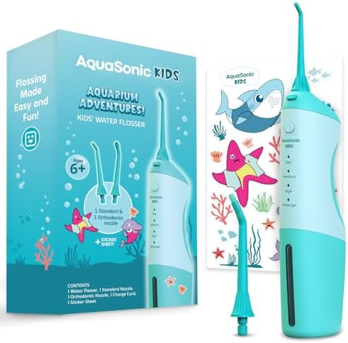 AquaSonic Kids' Water Flosser for Ages 6+ | Standard Nozzle, Orthodontic Nozzle & Waterproof Stickers | 4 Flossing Modes | Aquarium Adventures Theme (Blue)
